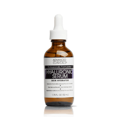 An amber glass dropper bottle of Advanced Clinicals Hyaluronic Serum with a white cap and white label, centered on a solid dark green background with a reflection below.