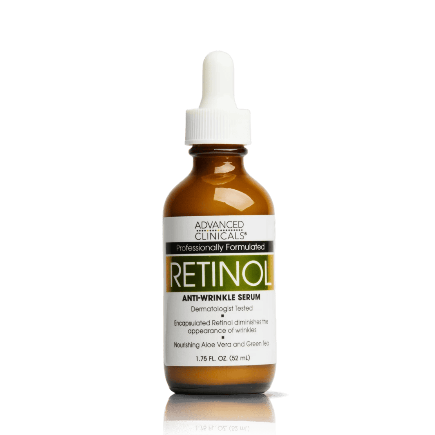 Advanced Clinicals Retinol Anti‑Wrinkle Serum in amber glass dropper bottle, 1.75 oz, formulated with aloe vera and green tea.