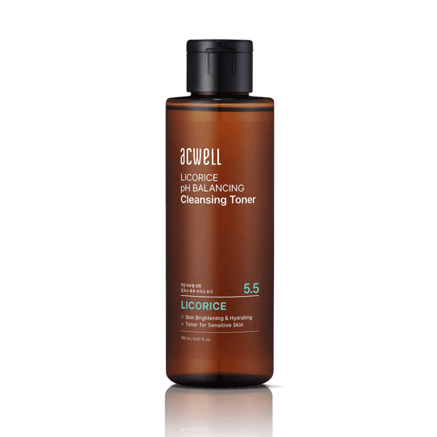 A bottle of acwell Licorice pH Balancing Cleansing Toner, 5.5, in an amber brown bottle with a black cap, centered against a solid green background with a reflection below.