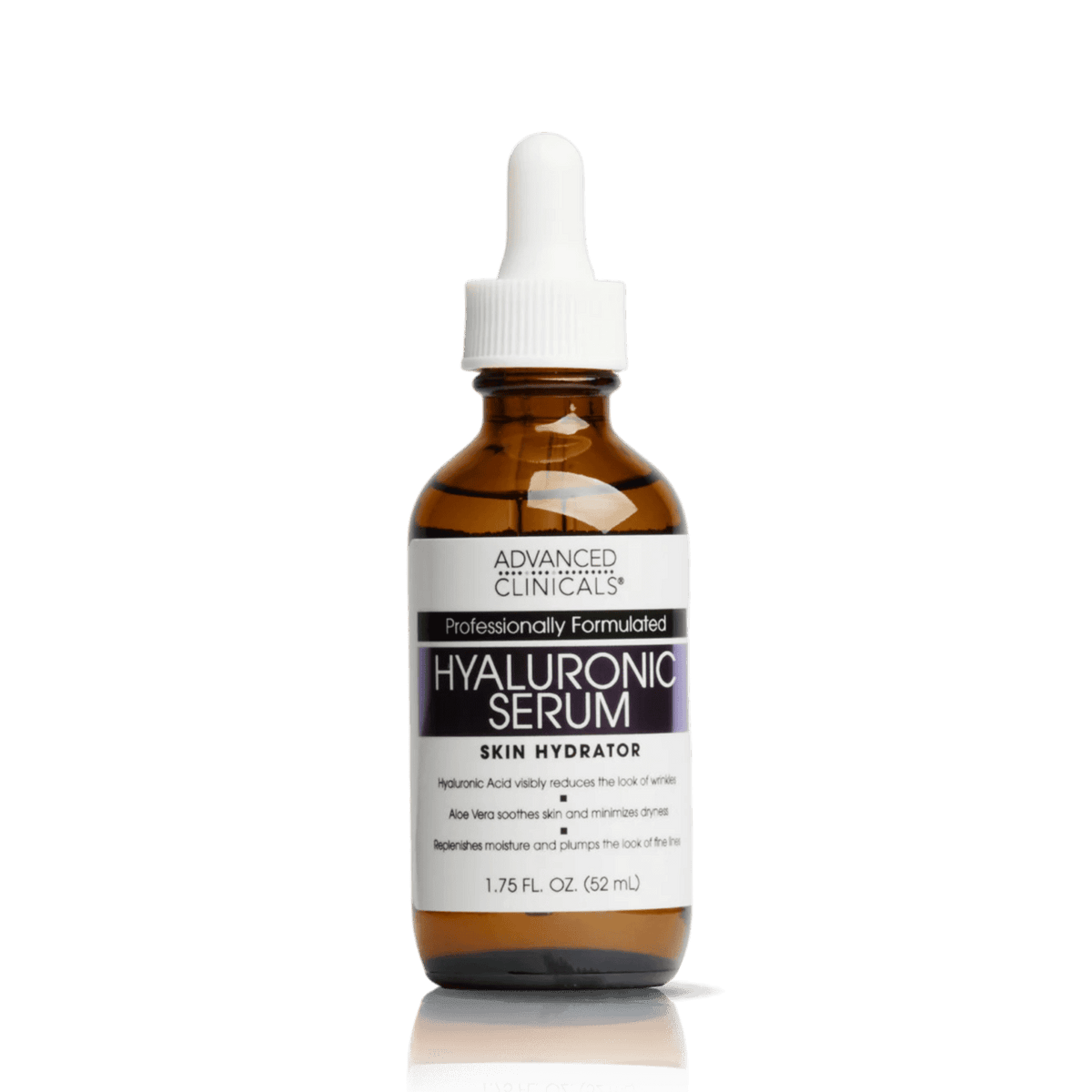 An amber glass dropper bottle of Advanced Clinicals Hyaluronic Serum with a white cap and white label, centered on a solid dark green background with a reflection below.