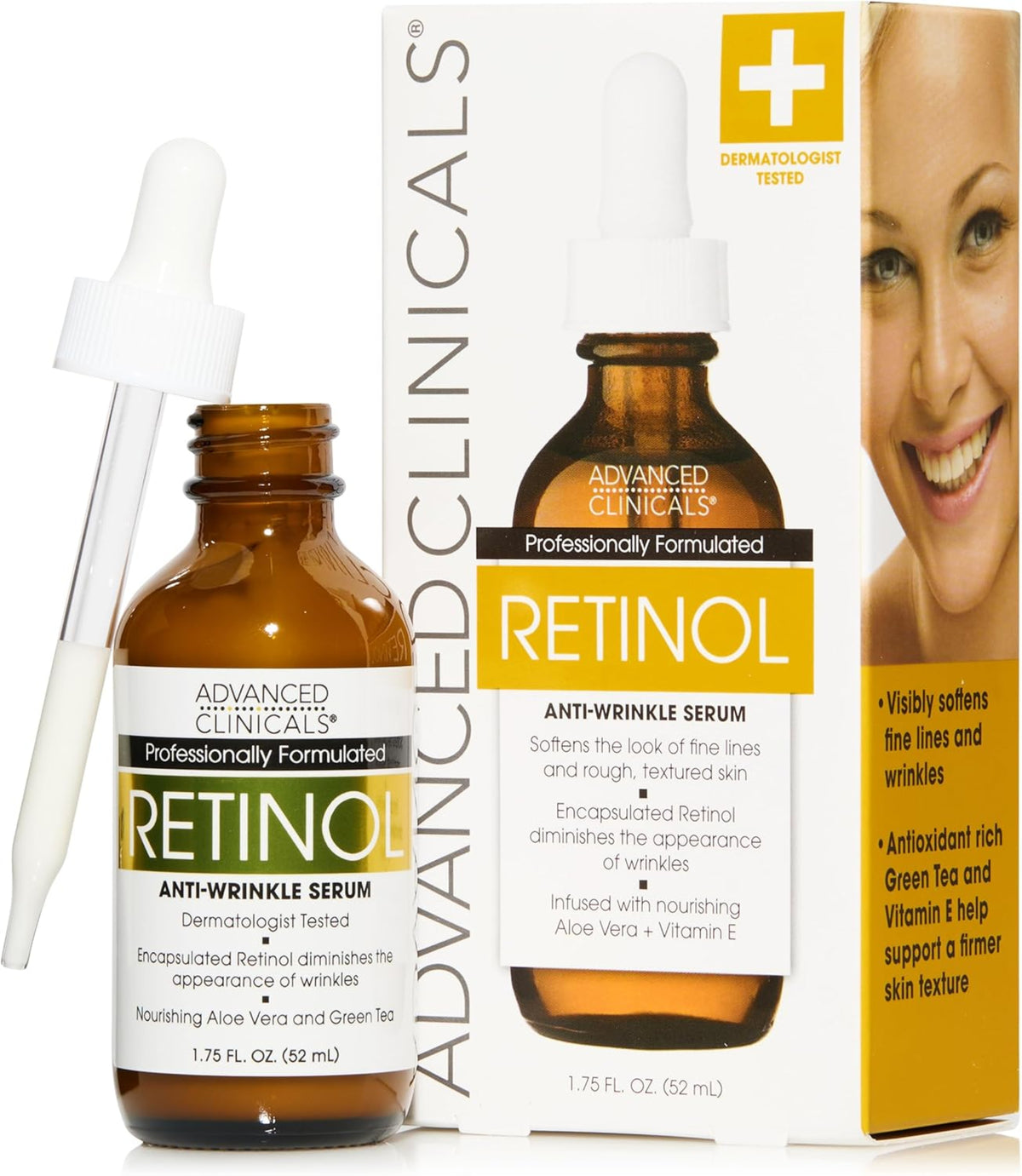 Advanced Clinicals Retinol Serum - Anti-Wrinkle Formula with Squalane, Green Tea & Vitamin E for All Skin Types - Hydrating & Firming Moisturizer - 52ml